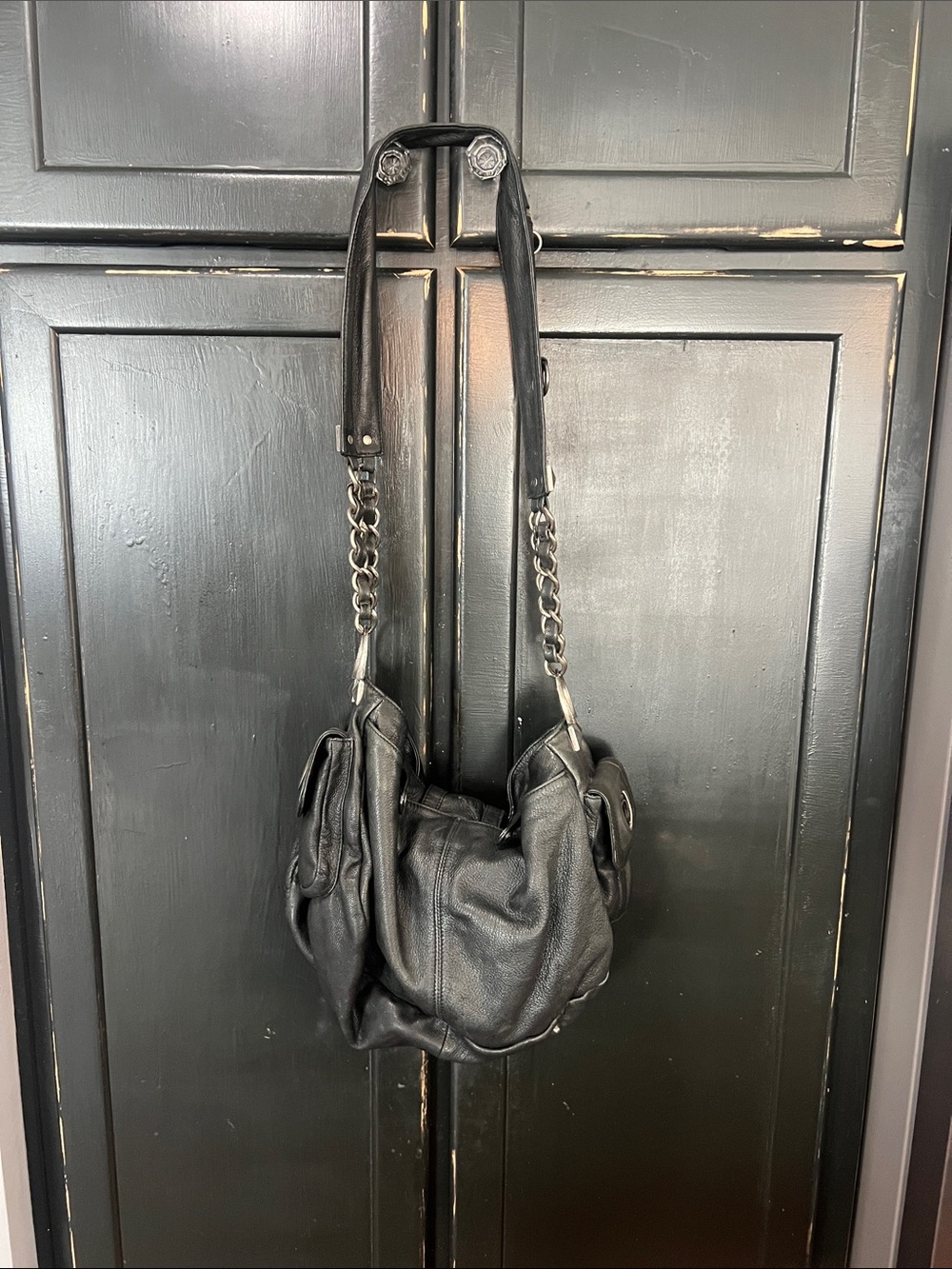 Betsey Johnson Black Leather Chain-Accent Shoulder Bag very heavy, thick leather - Picture 3 of 10